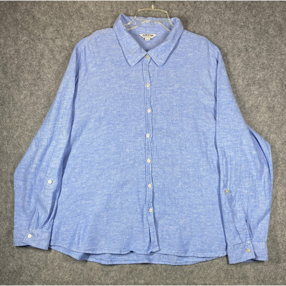 Orvis Shirt Womens 2XL Blue Linen Blend Button Front Long Sleeve Chambray Casual - Picture 1 of 12
